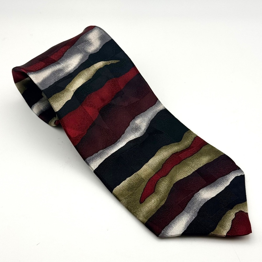 Etienne Aigner Mens Silk Necktie Abstract Wavy Stripe Burgundy Olive Green